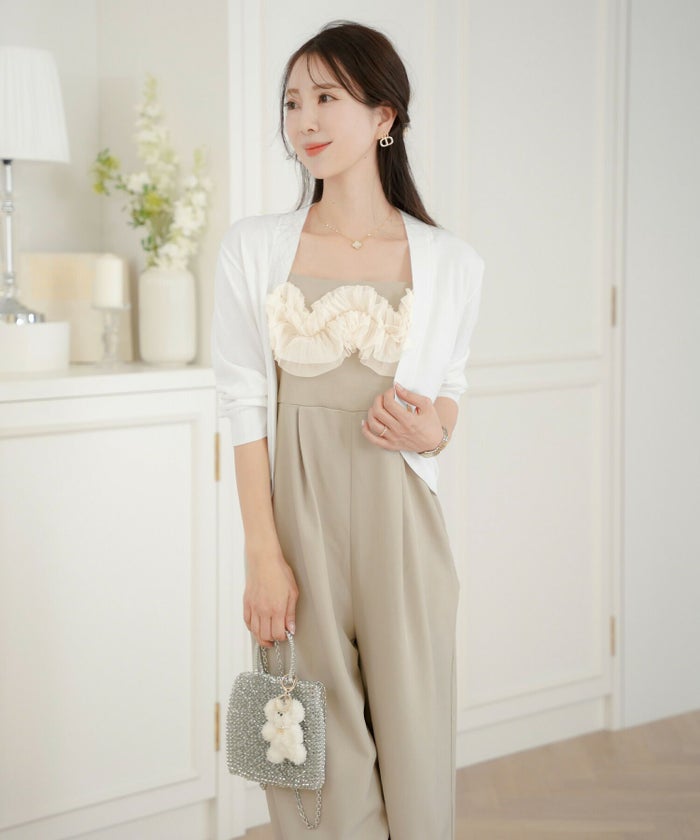 レディース/セレクト/サロペ/オールインワン/サロペット/オーバーオール/フリル/チュール/ロング丈/フレアパンツ/ワイドパンツ/ポケット/ゴム/ゆったり/ゆとり/楽ちん/アイボリー/ベージュ/グレージュ/ライトグレージュ/カジュアル/上品/大人/シーズンレス/オールシーズン