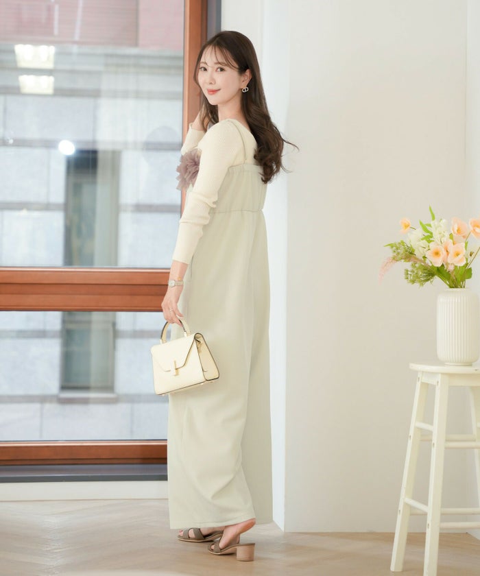 レディース/セレクト/サロペ/オールインワン/サロペット/オーバーオール/フリル/チュール/ロング丈/フレアパンツ/ワイドパンツ/ポケット/ゴム/ゆったり/ゆとり/楽ちん/アイボリー/ベージュ/グレージュ/ライトグレージュ/カジュアル/上品/大人/シーズンレス/オールシーズン