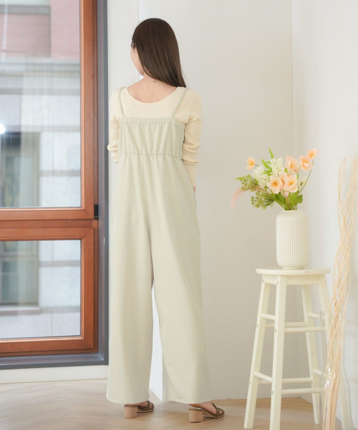 レディース/セレクト/サロペ/オールインワン/サロペット/オーバーオール/フリル/チュール/ロング丈/フレアパンツ/ワイドパンツ/ポケット/ゴム/ゆったり/ゆとり/楽ちん/アイボリー/ベージュ/グレージュ/ライトグレージュ/カジュアル/上品/大人/シーズンレス/オールシーズン