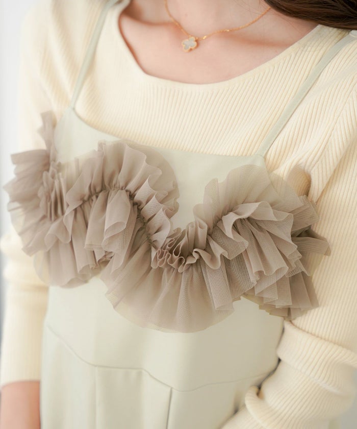 レディース/セレクト/サロペ/オールインワン/サロペット/オーバーオール/フリル/チュール/ロング丈/フレアパンツ/ワイドパンツ/ポケット/ゴム/ゆったり/ゆとり/楽ちん/アイボリー/ベージュ/グレージュ/ライトグレージュ/カジュアル/上品/大人/シーズンレス/オールシーズン