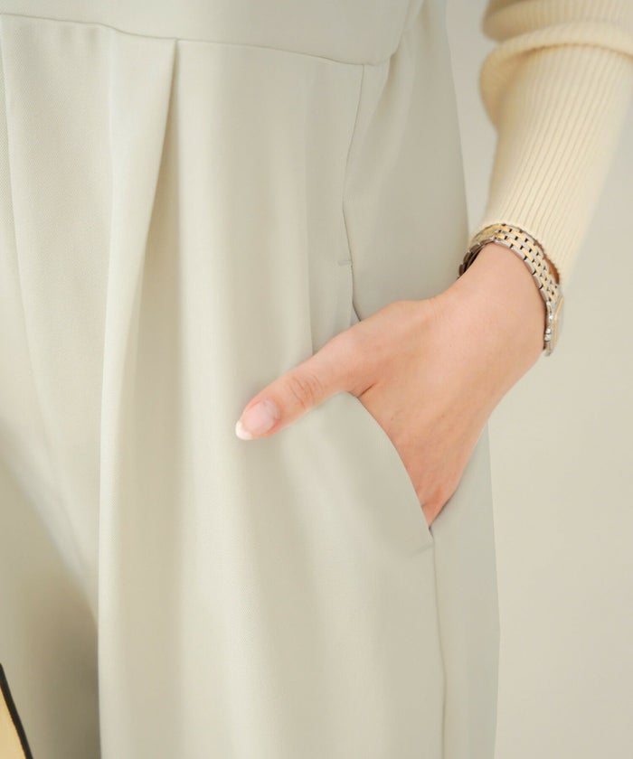 レディース/セレクト/サロペ/オールインワン/サロペット/オーバーオール/フリル/チュール/ロング丈/フレアパンツ/ワイドパンツ/ポケット/ゴム/ゆったり/ゆとり/楽ちん/アイボリー/ベージュ/グレージュ/ライトグレージュ/カジュアル/上品/大人/シーズンレス/オールシーズン