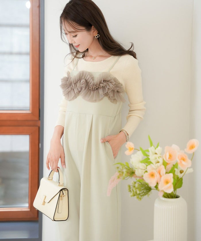 レディース/セレクト/サロペ/オールインワン/サロペット/オーバーオール/フリル/チュール/ロング丈/フレアパンツ/ワイドパンツ/ポケット/ゴム/ゆったり/ゆとり/楽ちん/アイボリー/ベージュ/グレージュ/ライトグレージュ/カジュアル/上品/大人/シーズンレス/オールシーズン