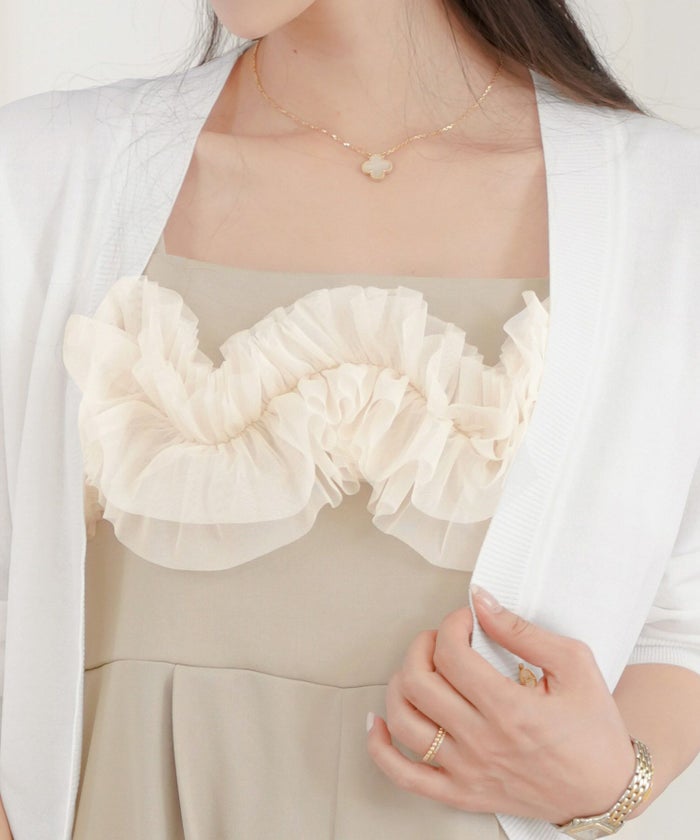 レディース/セレクト/サロペ/オールインワン/サロペット/オーバーオール/フリル/チュール/ロング丈/フレアパンツ/ワイドパンツ/ポケット/ゴム/ゆったり/ゆとり/楽ちん/アイボリー/ベージュ/グレージュ/ライトグレージュ/カジュアル/上品/大人/シーズンレス/オールシーズン