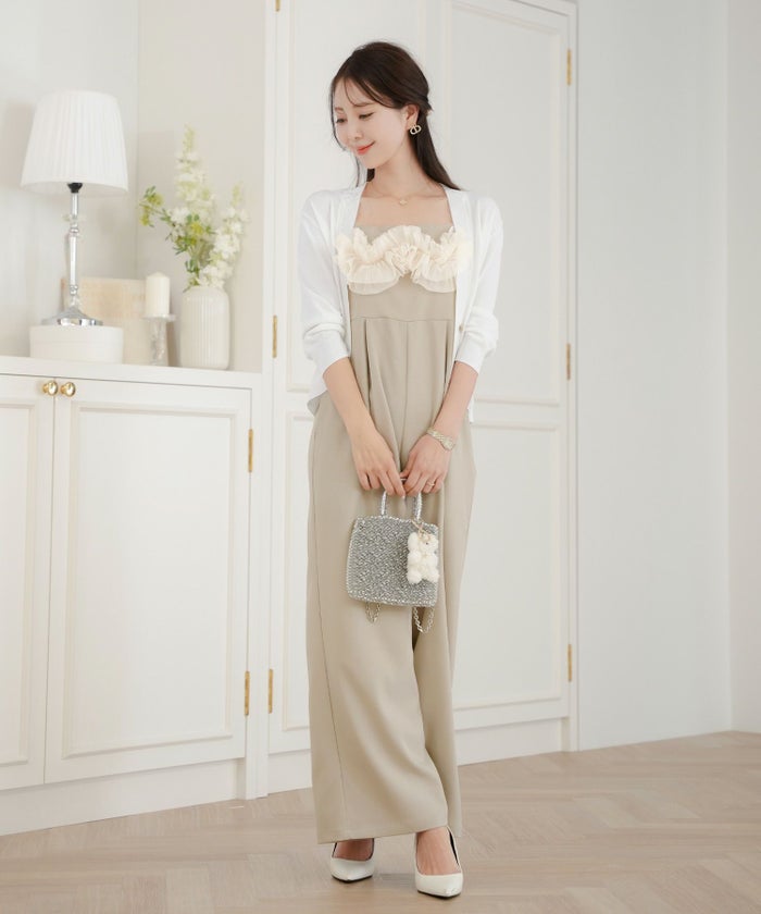 レディース/セレクト/サロペ/オールインワン/サロペット/オーバーオール/フリル/チュール/ロング丈/フレアパンツ/ワイドパンツ/ポケット/ゴム/ゆったり/ゆとり/楽ちん/アイボリー/ベージュ/グレージュ/ライトグレージュ/カジュアル/上品/大人/シーズンレス/オールシーズン