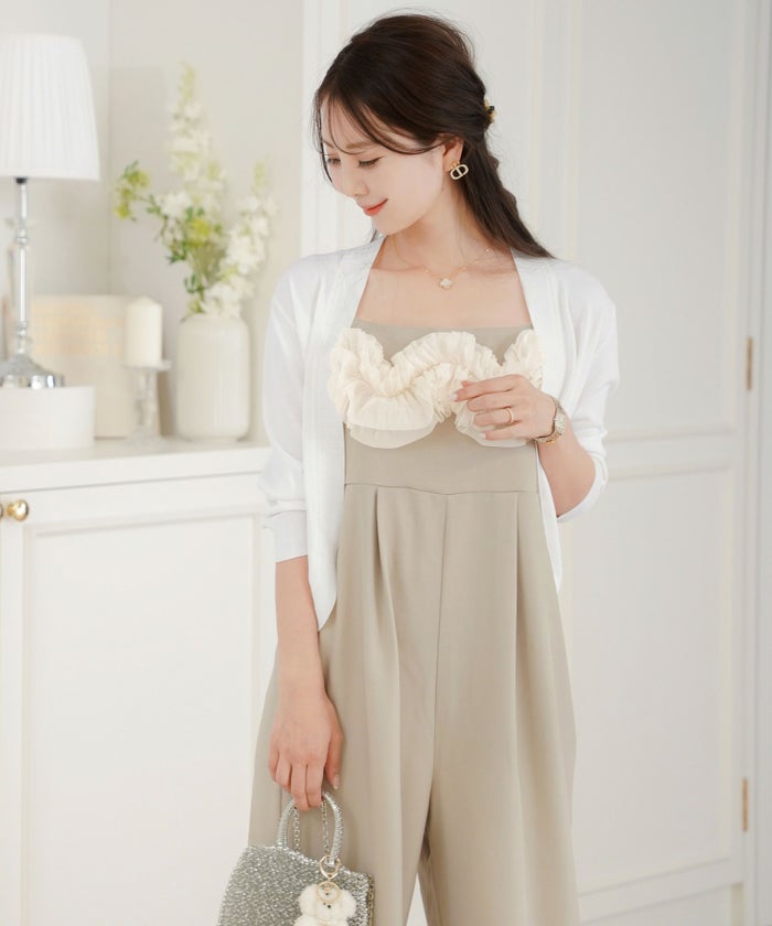 レディース/セレクト/サロペ/オールインワン/サロペット/オーバーオール/フリル/チュール/ロング丈/フレアパンツ/ワイドパンツ/ポケット/ゴム/ゆったり/ゆとり/楽ちん/アイボリー/ベージュ/グレージュ/ライトグレージュ/カジュアル/上品/大人/シーズンレス/オールシーズン