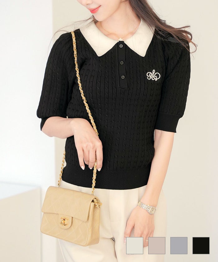 レディース ニット トップス ポロニット ポロシャツ 襟 配色 バイカラー 刺繍 半袖 パフスリーブ アイボリー ピンクベージュ ブルーグレー ブラック 春 夏 上品 エレガント フェミニン 可愛い 大人 オリジナル刺繍入り バイカラー ポロニット le reve vaniller