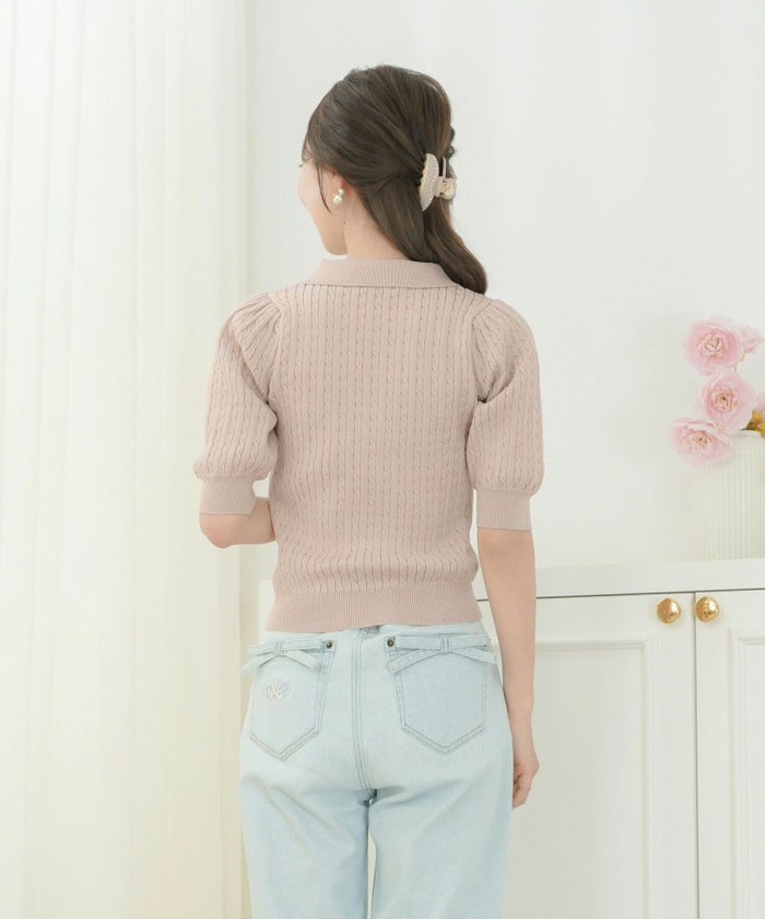 レディース/ニット/トップス/ポロニット/ポロシャツ/襟/配色/バイカラー/刺繍/半袖/パフスリーブ/アイボリー/ピンクベージュ/ブルーグレー/ブラック/春/夏/上品/エレガント/フェミニン/可愛い/大人