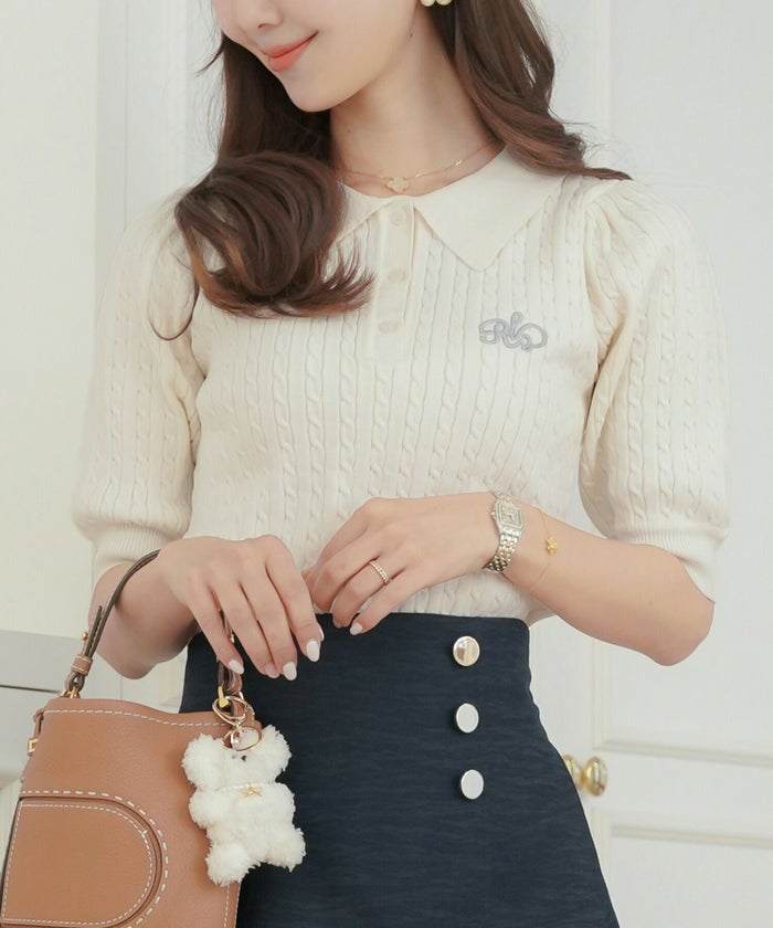 レディース/ニット/トップス/ポロニット/ポロシャツ/襟/配色/バイカラー/刺繍/半袖/パフスリーブ/アイボリー/ピンクベージュ/ブルーグレー/ブラック/春/夏/上品/エレガント/フェミニン/可愛い/大人