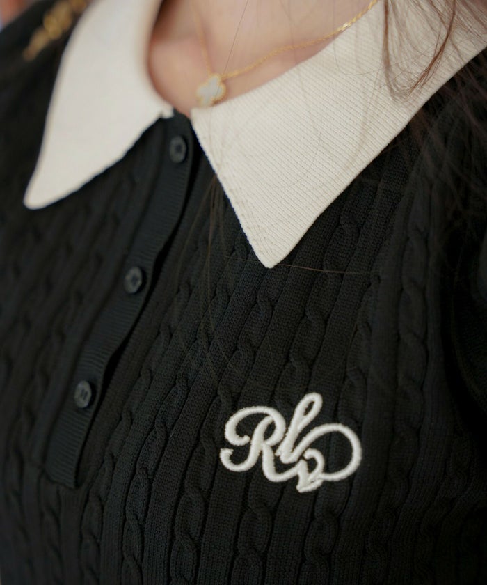 レディース/ニット/トップス/ポロニット/ポロシャツ/襟/配色/バイカラー/刺繍/半袖/パフスリーブ/アイボリー/ピンクベージュ/ブルーグレー/ブラック/春/夏/上品/エレガント/フェミニン/可愛い/大人