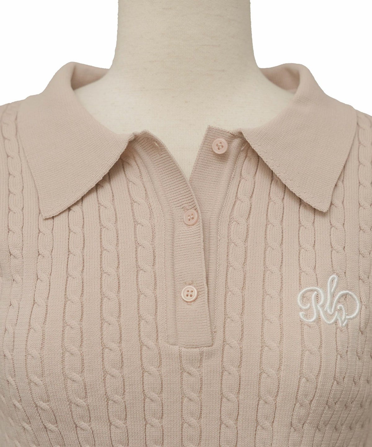 レディース/ニット/トップス/ポロニット/ポロシャツ/襟/配色/バイカラー/刺繍/半袖/パフスリーブ/アイボリー/ピンクベージュ/ブルーグレー/ブラック/春/夏/上品/エレガント/フェミニン/可愛い/大人