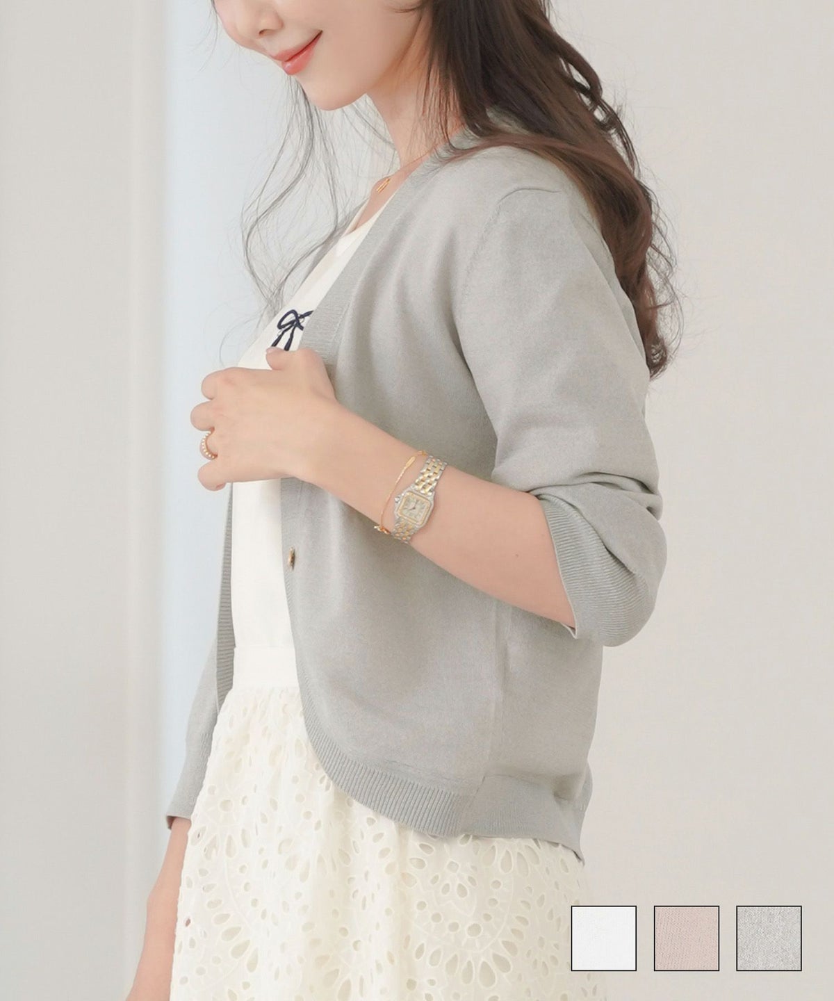 レディース セレクト カーディガン 羽織 ボレロ ニット 薄手 軽羽織 長袖 冷房対策 日焼け対策 日除け ホワイト ピンク ライトグレー 上品 シンプル UV アンチピリング アンチピリング ＆ UVカット ボレロ ニット カーディガン le reve vaniller