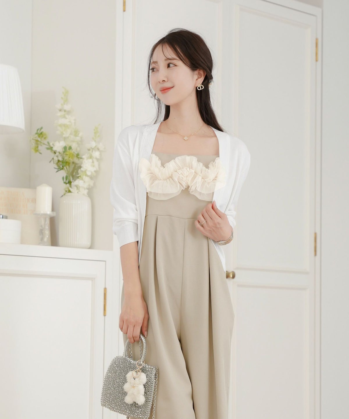 レディース/セレクト/カーディガン/羽織/ボレロ/ニット/薄手/軽羽織/長袖/冷房対策/日焼け対策/日除け/ホワイト/ピンク/ライトグレー/上品/シンプル