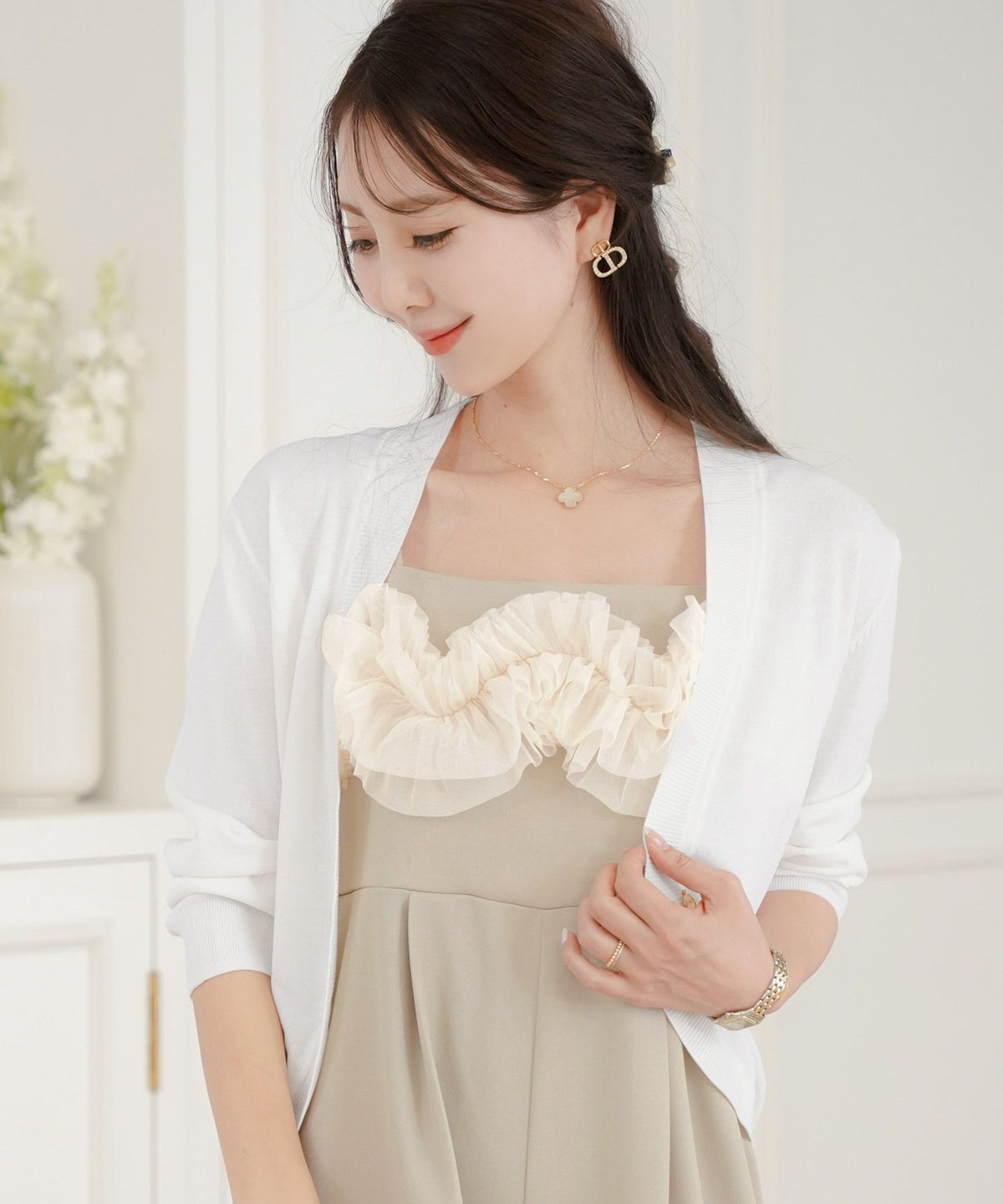 レディース/セレクト/カーディガン/羽織/ボレロ/ニット/薄手/軽羽織/長袖/冷房対策/日焼け対策/日除け/ホワイト/ピンク/ライトグレー/上品/シンプル