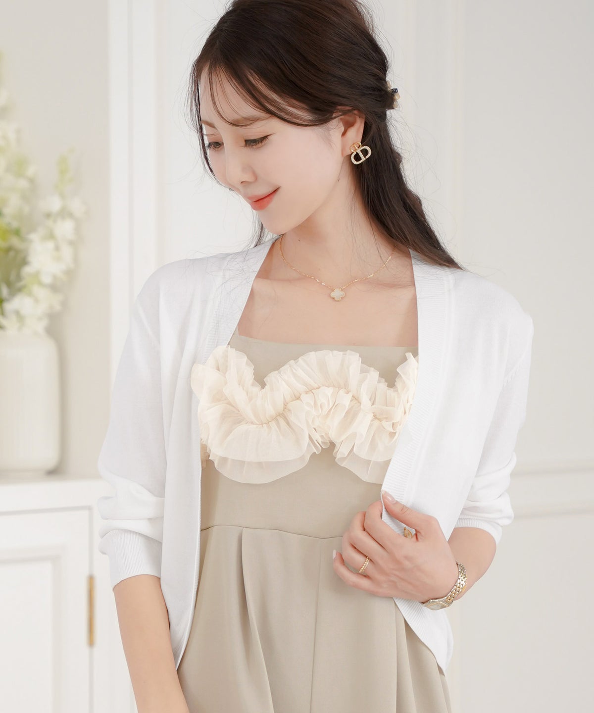 レディース/セレクト/カーディガン/羽織/ボレロ/ニット/薄手/軽羽織/長袖/冷房対策/日焼け対策/日除け/ホワイト/ピンク/ライトグレー/上品/シンプル