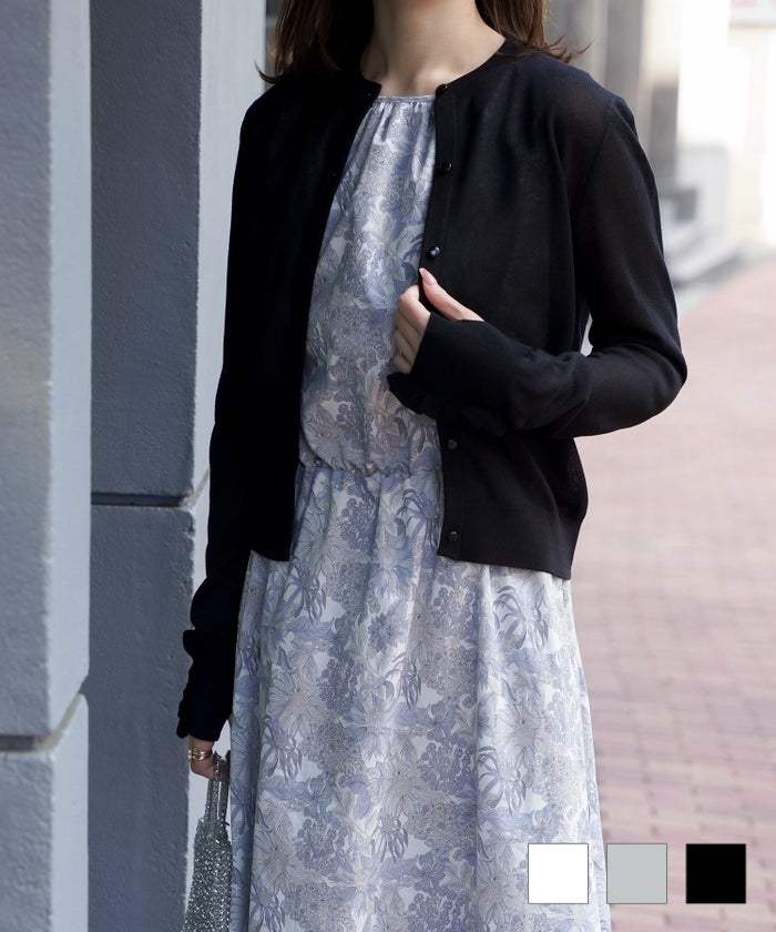 レディース カーディガン フリル 上品 きれいめ 洗える 指穴 冷房対策 ホワイト グレー ブラック M フリルカフ ニット カーディガン HUIT