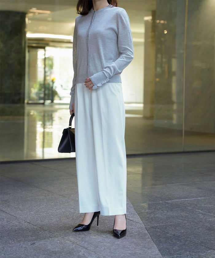 レディース/カーディガン/フリル/上品/きれいめ/洗える/指穴/冷房対策/ホワイト/グレー/ブラック/M