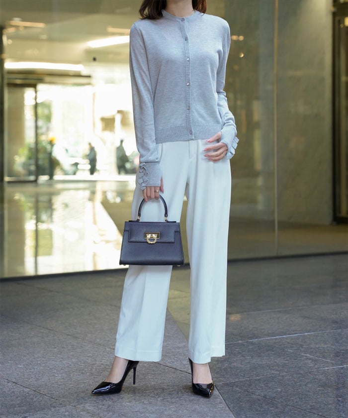 レディース/カーディガン/フリル/上品/きれいめ/洗える/指穴/冷房対策/ホワイト/グレー/ブラック/M