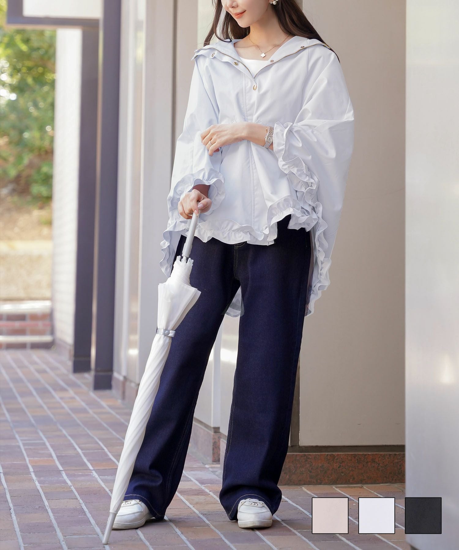 TIME-SALE 撥水 フリルヘム ポンチョ le reve vaniller 全3色｜lvn111