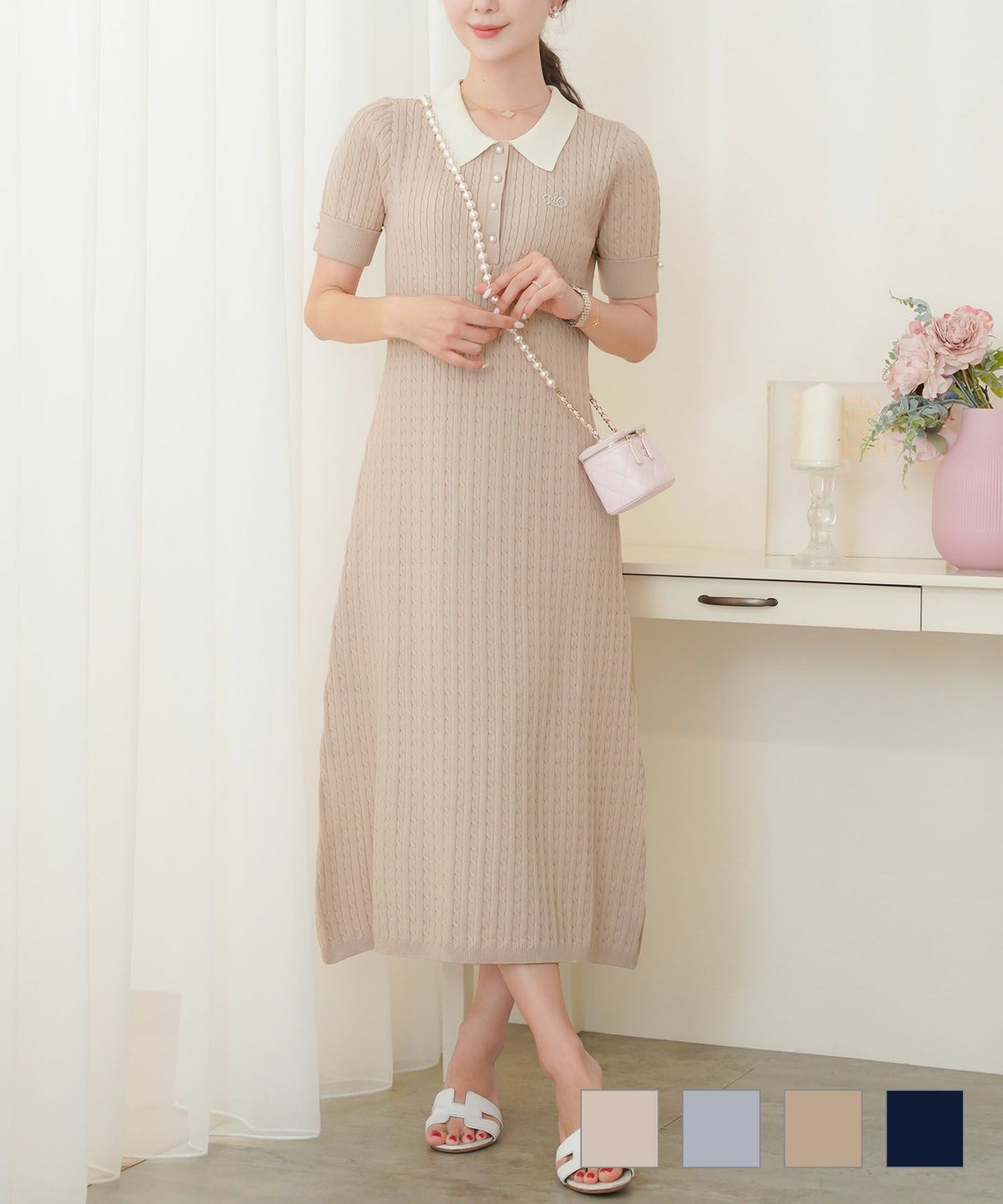 20代 30代 アフタヌーンティー ゴルフ ピンクベージュ ブルーグレー キャメル ネイビー ベージュ 配色 ケーブル ポロニット ワンピース le reve vaniller