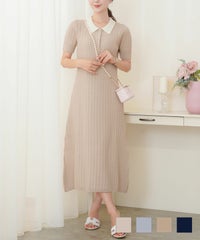 20代 30代 アフタヌーンティー ゴルフ ピンクベージュ ブルーグレー キャメル ネイビー ベージュ 配色 ケーブル ポロニット ワンピース le reve vaniller