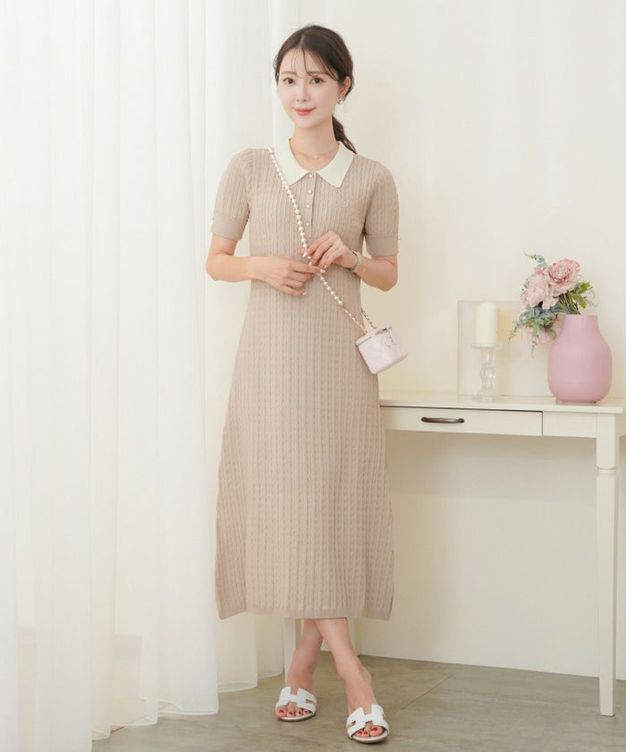 レディース/ワンピース/ニット/ケーブル/襟/ポロニット/半袖/パール/バイカラー/刺繍/ポロシャツ/ポロ襟/5分袖/膝下丈/春/夏/お出かけ/綺麗め/上品/カジュアル/エレガント/フェミニン/20代/30代/アフタヌーンティー