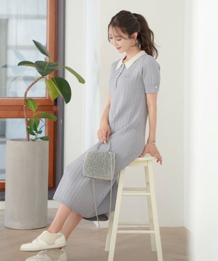 レディース/ワンピース/ニット/ケーブル/襟/ポロニット/半袖/パール/バイカラー/刺繍/ポロシャツ/ポロ襟/5分袖/膝下丈/春/夏/お出かけ/綺麗め/上品/カジュアル/エレガント/フェミニン/20代/30代/アフタヌーンティー