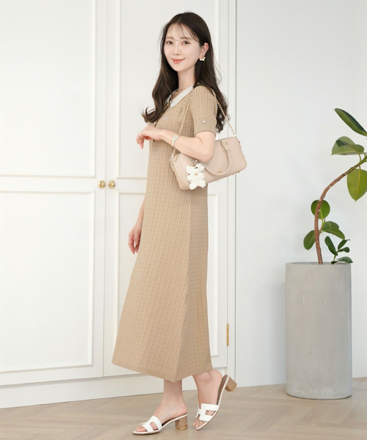 レディース/ワンピース/ニット/ケーブル/襟/ポロニット/半袖/パール/バイカラー/刺繍/ポロシャツ/ポロ襟/5分袖/膝下丈/春/夏/お出かけ/綺麗め/上品/カジュアル/エレガント/フェミニン/20代/30代/アフタヌーンティー