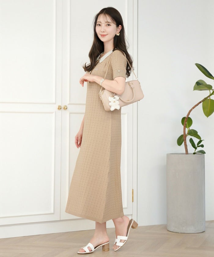 レディース/ワンピース/ニット/ケーブル/襟/ポロニット/半袖/パール/バイカラー/刺繍/ポロシャツ/ポロ襟/5分袖/膝下丈/春/夏/お出かけ/綺麗め/上品/カジュアル/エレガント/フェミニン/20代/30代/アフタヌーンティー