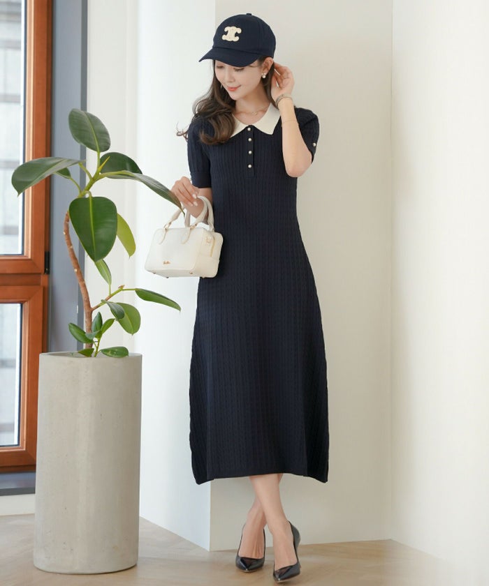 レディース/ワンピース/ニット/ケーブル/襟/ポロニット/半袖/パール/バイカラー/刺繍/ポロシャツ/ポロ襟/5分袖/膝下丈/春/夏/お出かけ/綺麗め/上品/カジュアル/エレガント/フェミニン/20代/30代/アフタヌーンティー