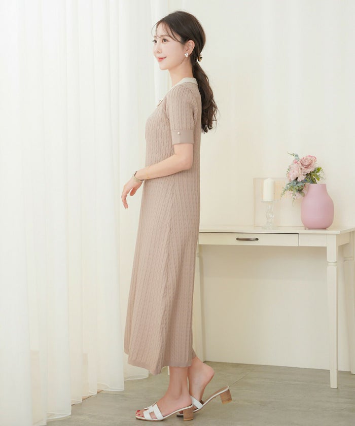 レディース/ワンピース/ニット/ケーブル/襟/ポロニット/半袖/パール/バイカラー/刺繍/ポロシャツ/ポロ襟/5分袖/膝下丈/春/夏/お出かけ/綺麗め/上品/カジュアル/エレガント/フェミニン/20代/30代/アフタヌーンティー