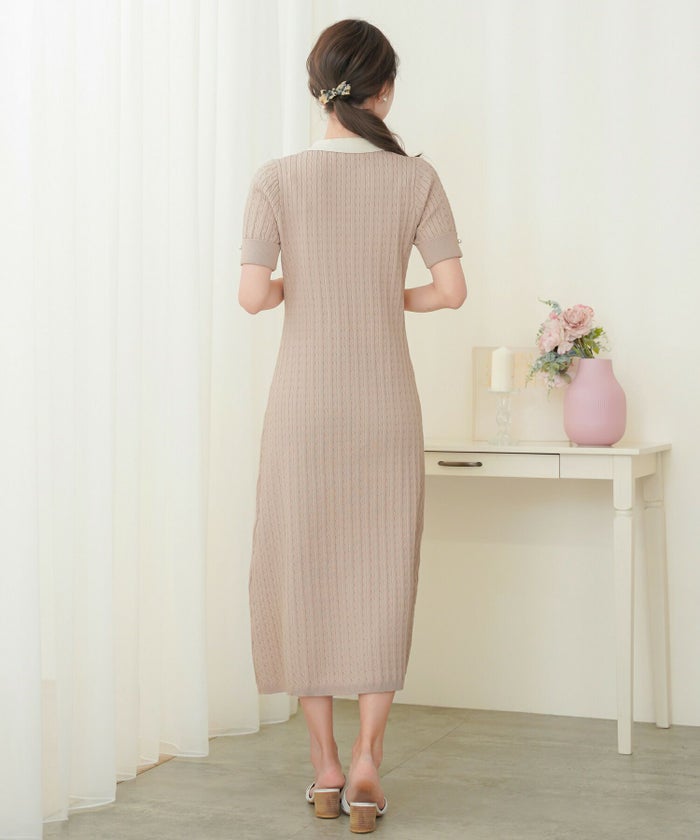 レディース/ワンピース/ニット/ケーブル/襟/ポロニット/半袖/パール/バイカラー/刺繍/ポロシャツ/ポロ襟/5分袖/膝下丈/春/夏/お出かけ/綺麗め/上品/カジュアル/エレガント/フェミニン/20代/30代/アフタヌーンティー