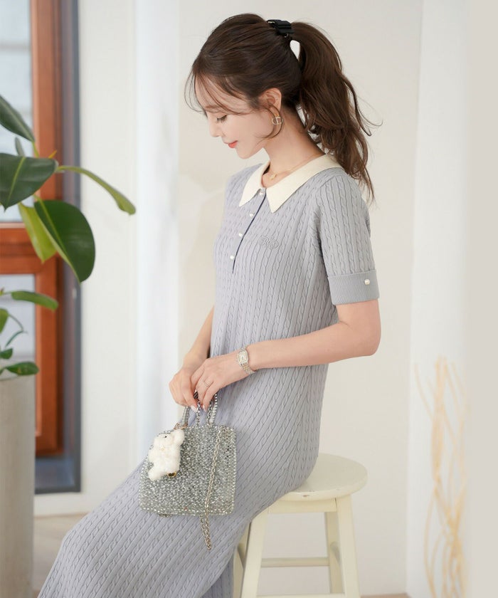 レディース/ワンピース/ニット/ケーブル/襟/ポロニット/半袖/パール/バイカラー/刺繍/ポロシャツ/ポロ襟/5分袖/膝下丈/春/夏/お出かけ/綺麗め/上品/カジュアル/エレガント/フェミニン/20代/30代/アフタヌーンティー
