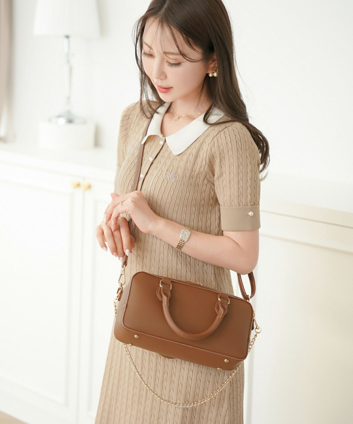 レディース/ワンピース/ニット/ケーブル/襟/ポロニット/半袖/パール/バイカラー/刺繍/ポロシャツ/ポロ襟/5分袖/膝下丈/春/夏/お出かけ/綺麗め/上品/カジュアル/エレガント/フェミニン/20代/30代/アフタヌーンティー