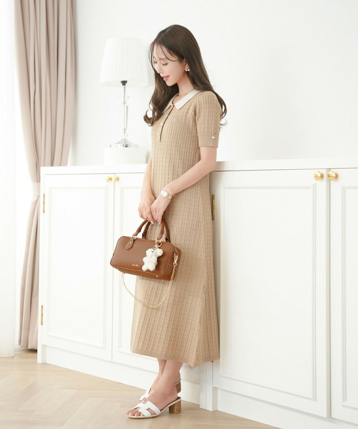 レディース/ワンピース/ニット/ケーブル/襟/ポロニット/半袖/パール/バイカラー/刺繍/ポロシャツ/ポロ襟/5分袖/膝下丈/春/夏/お出かけ/綺麗め/上品/カジュアル/エレガント/フェミニン/20代/30代/アフタヌーンティー