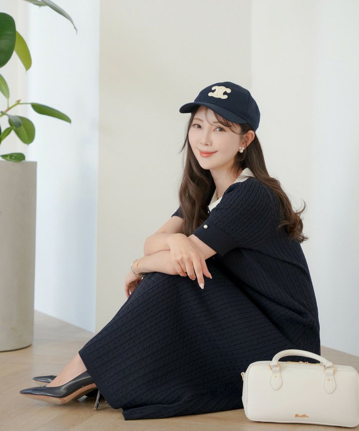 レディース/ワンピース/ニット/ケーブル/襟/ポロニット/半袖/パール/バイカラー/刺繍/ポロシャツ/ポロ襟/5分袖/膝下丈/春/夏/お出かけ/綺麗め/上品/カジュアル/エレガント/フェミニン/20代/30代/アフタヌーンティー