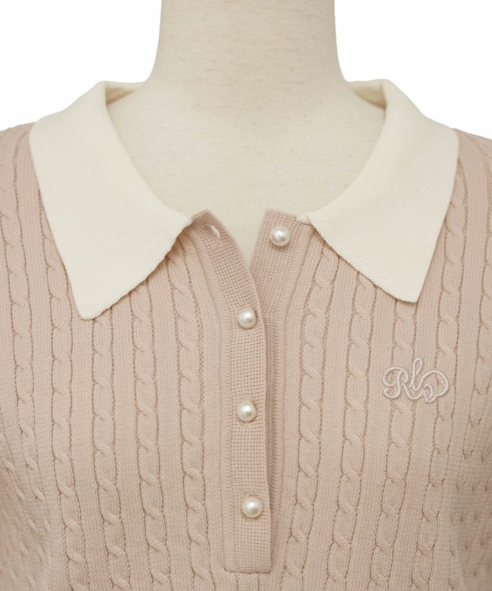 レディース/ワンピース/ニット/ケーブル/襟/ポロニット/半袖/パール/バイカラー/刺繍/ポロシャツ/ポロ襟/5分袖/膝下丈/春/夏/お出かけ/綺麗め/上品/カジュアル/エレガント/フェミニン/20代/30代/アフタヌーンティー