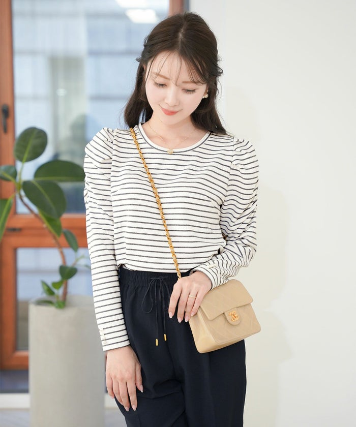 レディース/トップス/カットソー/シンプル/無地/ボーダー/マリン/カジュアル/伸縮/リブ/春/夏/秋/インナー/オフィスカジュアル/通勤/カジュアル/上品/エレガント/フェミニン/パワショル/長袖/8分袖