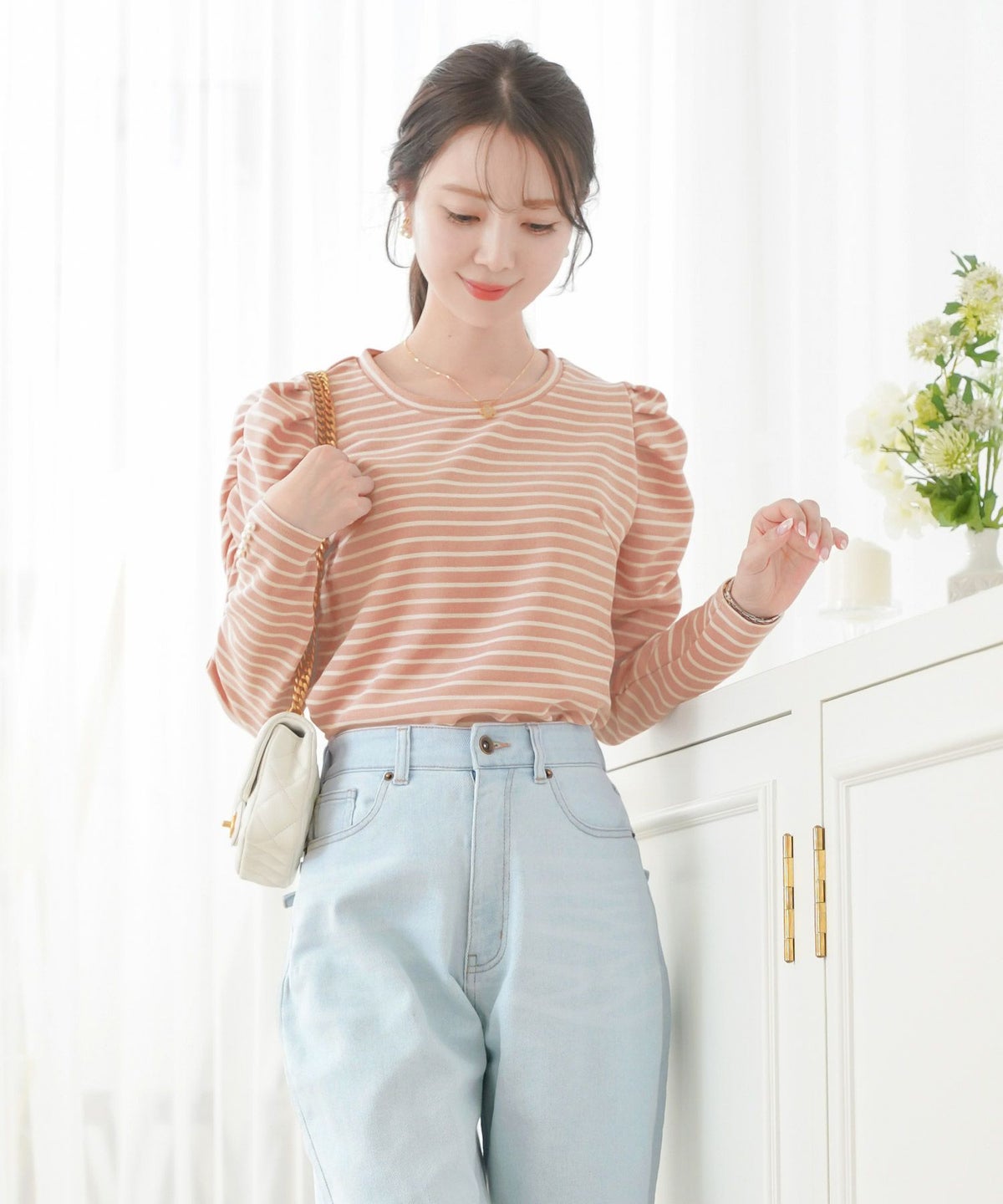 レディース/トップス/カットソー/シンプル/無地/ボーダー/マリン/カジュアル/伸縮/リブ/春/夏/秋/インナー/オフィスカジュアル/通勤/カジュアル/上品/エレガント/フェミニン/パワショル/長袖/8分袖