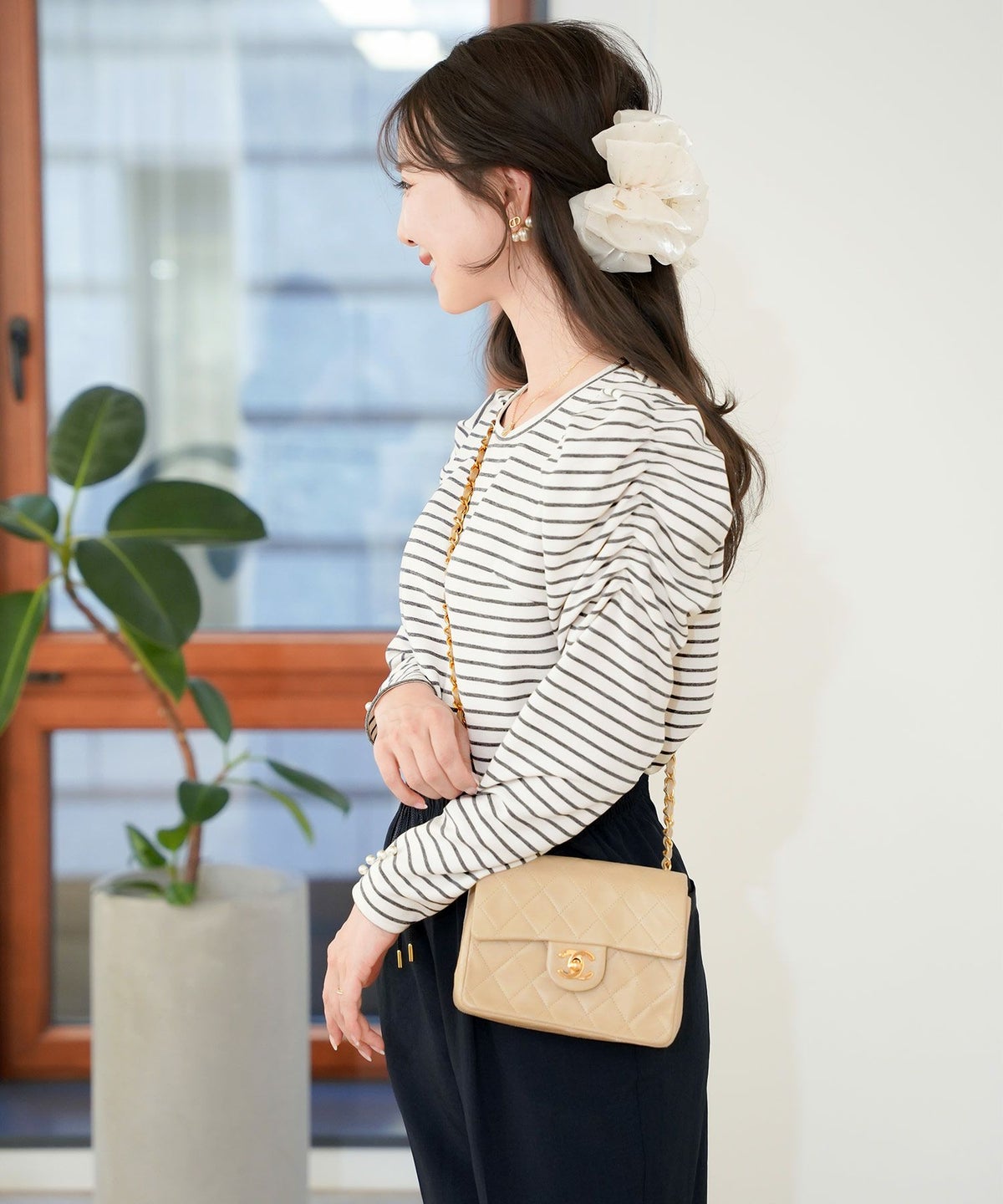 レディース/トップス/カットソー/シンプル/無地/ボーダー/マリン/カジュアル/伸縮/リブ/春/夏/秋/インナー/オフィスカジュアル/通勤/カジュアル/上品/エレガント/フェミニン/パワショル/長袖/8分袖