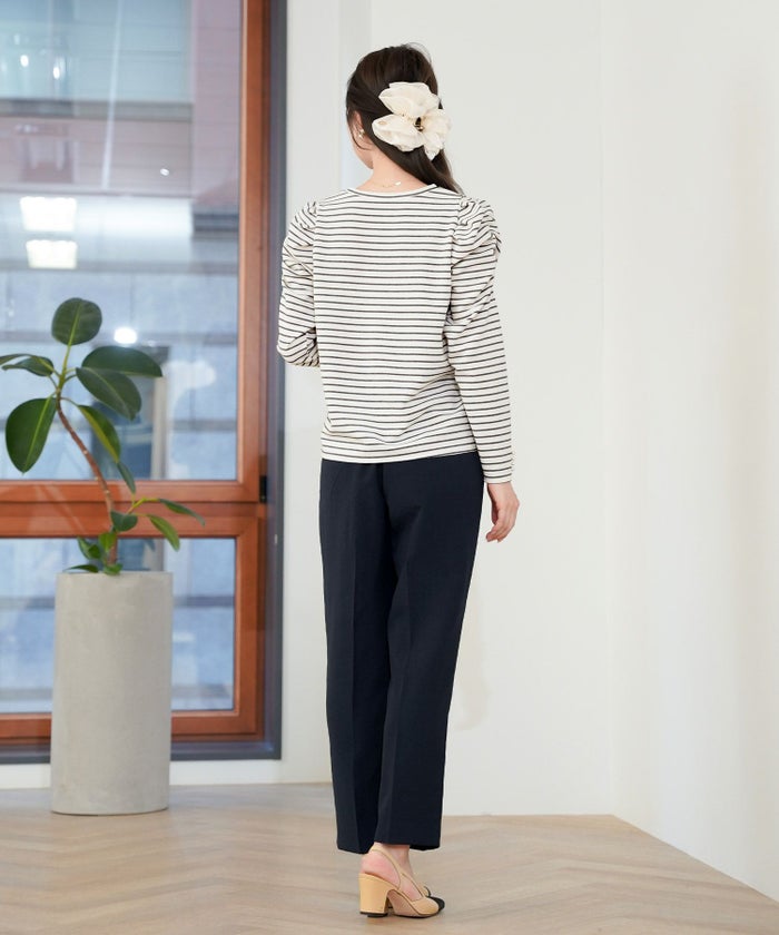 レディース/トップス/カットソー/シンプル/無地/ボーダー/マリン/カジュアル/伸縮/リブ/春/夏/秋/インナー/オフィスカジュアル/通勤/カジュアル/上品/エレガント/フェミニン/パワショル/長袖/8分袖