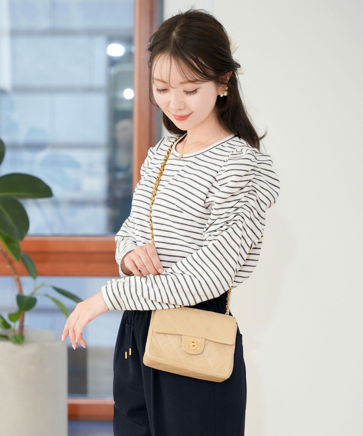 レディース/トップス/カットソー/シンプル/無地/ボーダー/マリン/カジュアル/伸縮/リブ/春/夏/秋/インナー/オフィスカジュアル/通勤/カジュアル/上品/エレガント/フェミニン/パワショル/長袖/8分袖