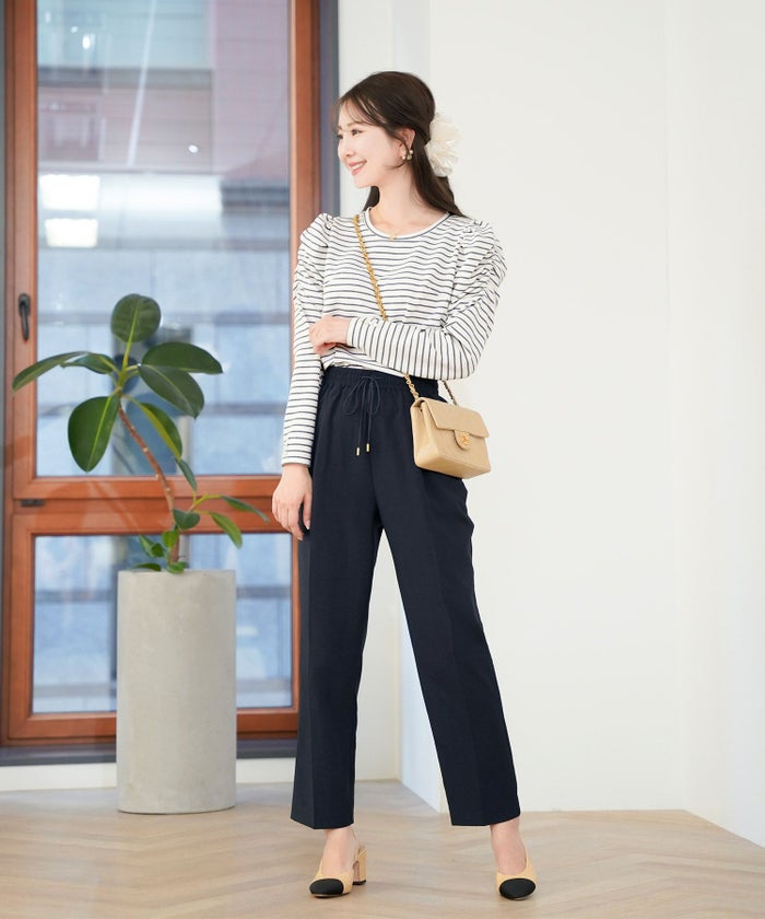 レディース/トップス/カットソー/シンプル/無地/ボーダー/マリン/カジュアル/伸縮/リブ/春/夏/秋/インナー/オフィスカジュアル/通勤/カジュアル/上品/エレガント/フェミニン/パワショル/長袖/8分袖