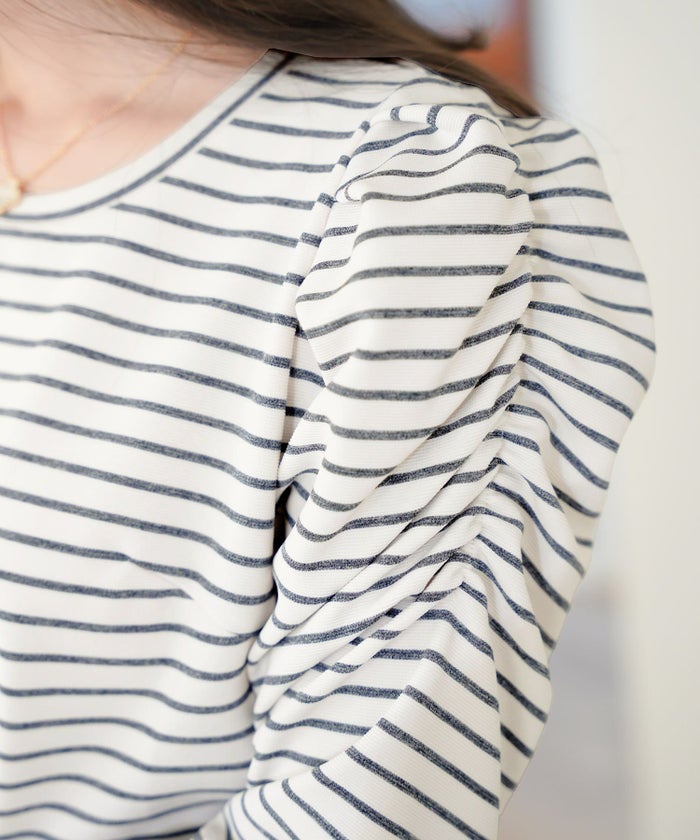 レディース/トップス/カットソー/シンプル/無地/ボーダー/マリン/カジュアル/伸縮/リブ/春/夏/秋/インナー/オフィスカジュアル/通勤/カジュアル/上品/エレガント/フェミニン/パワショル/長袖/8分袖