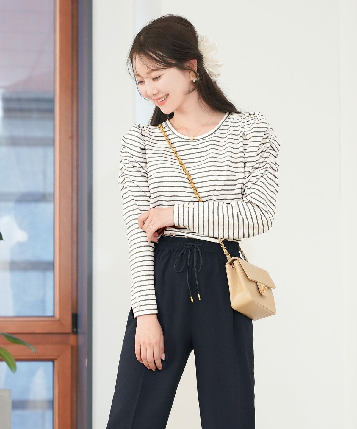 レディース/トップス/カットソー/シンプル/無地/ボーダー/マリン/カジュアル/伸縮/リブ/春/夏/秋/インナー/オフィスカジュアル/通勤/カジュアル/上品/エレガント/フェミニン/パワショル/長袖/8分袖