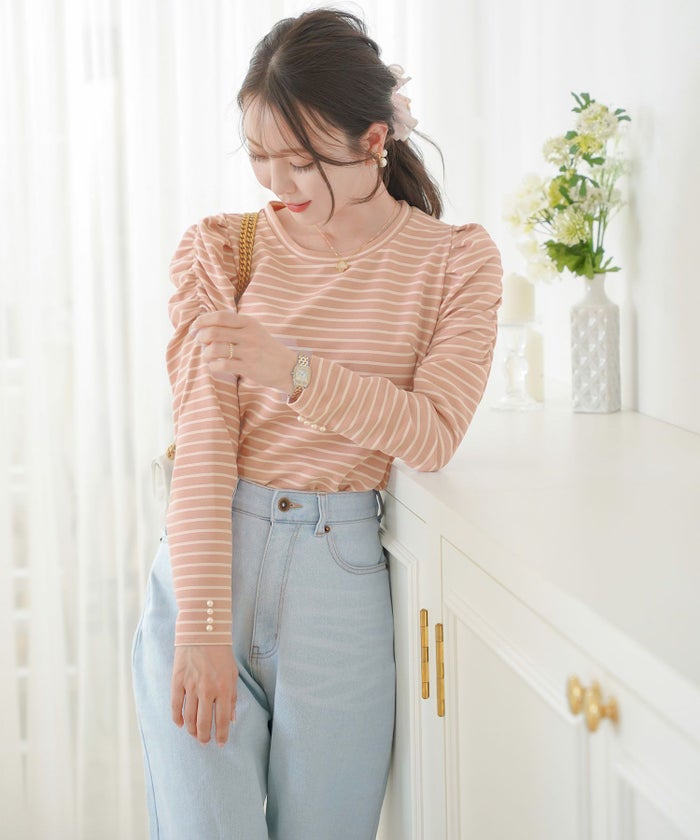 レディース/トップス/カットソー/シンプル/無地/ボーダー/マリン/カジュアル/伸縮/リブ/春/夏/秋/インナー/オフィスカジュアル/通勤/カジュアル/上品/エレガント/フェミニン/パワショル/長袖/8分袖