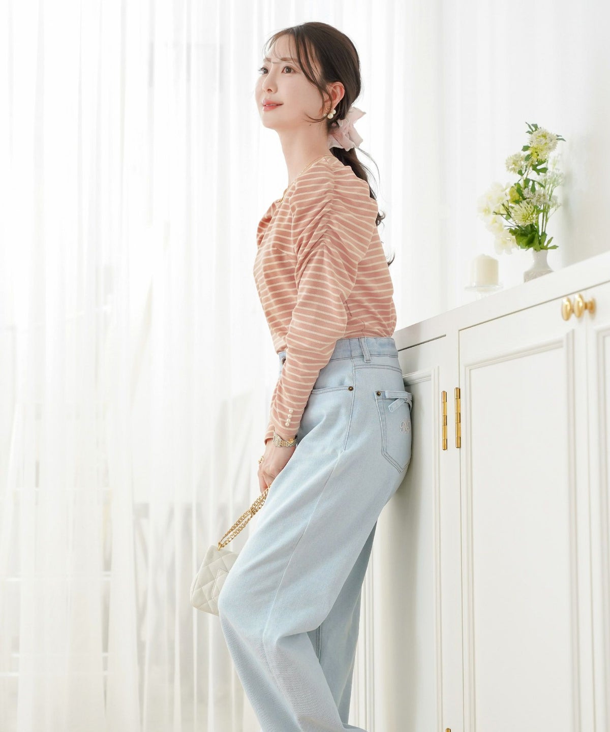 レディース/トップス/カットソー/シンプル/無地/ボーダー/マリン/カジュアル/伸縮/リブ/春/夏/秋/インナー/オフィスカジュアル/通勤/カジュアル/上品/エレガント/フェミニン/パワショル/長袖/8分袖