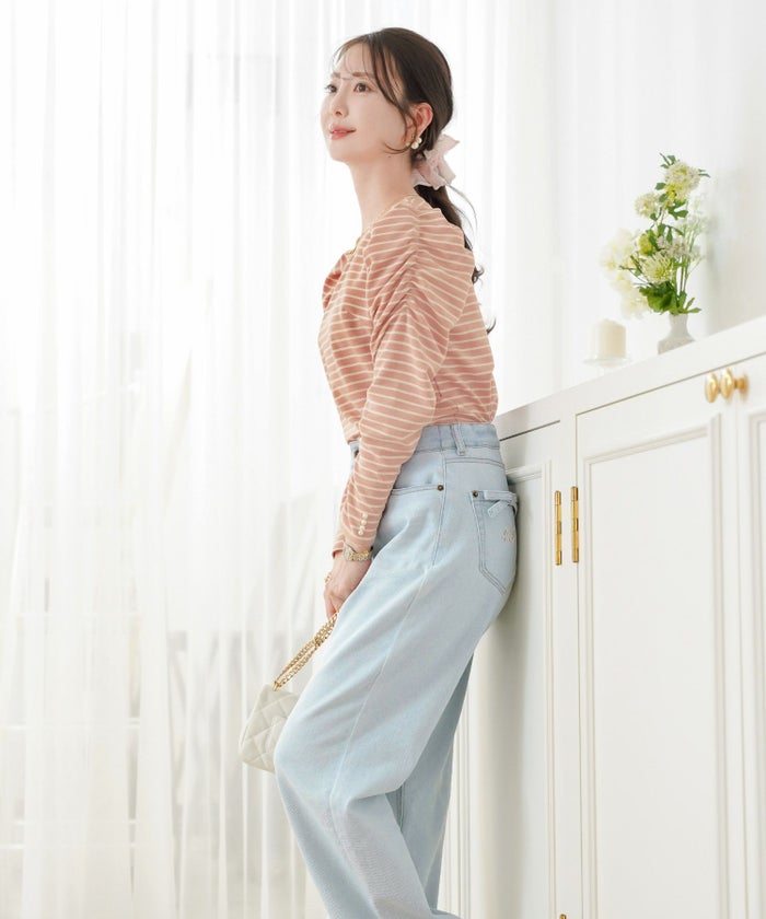 レディース/トップス/カットソー/シンプル/無地/ボーダー/マリン/カジュアル/伸縮/リブ/春/夏/秋/インナー/オフィスカジュアル/通勤/カジュアル/上品/エレガント/フェミニン/パワショル/長袖/8分袖