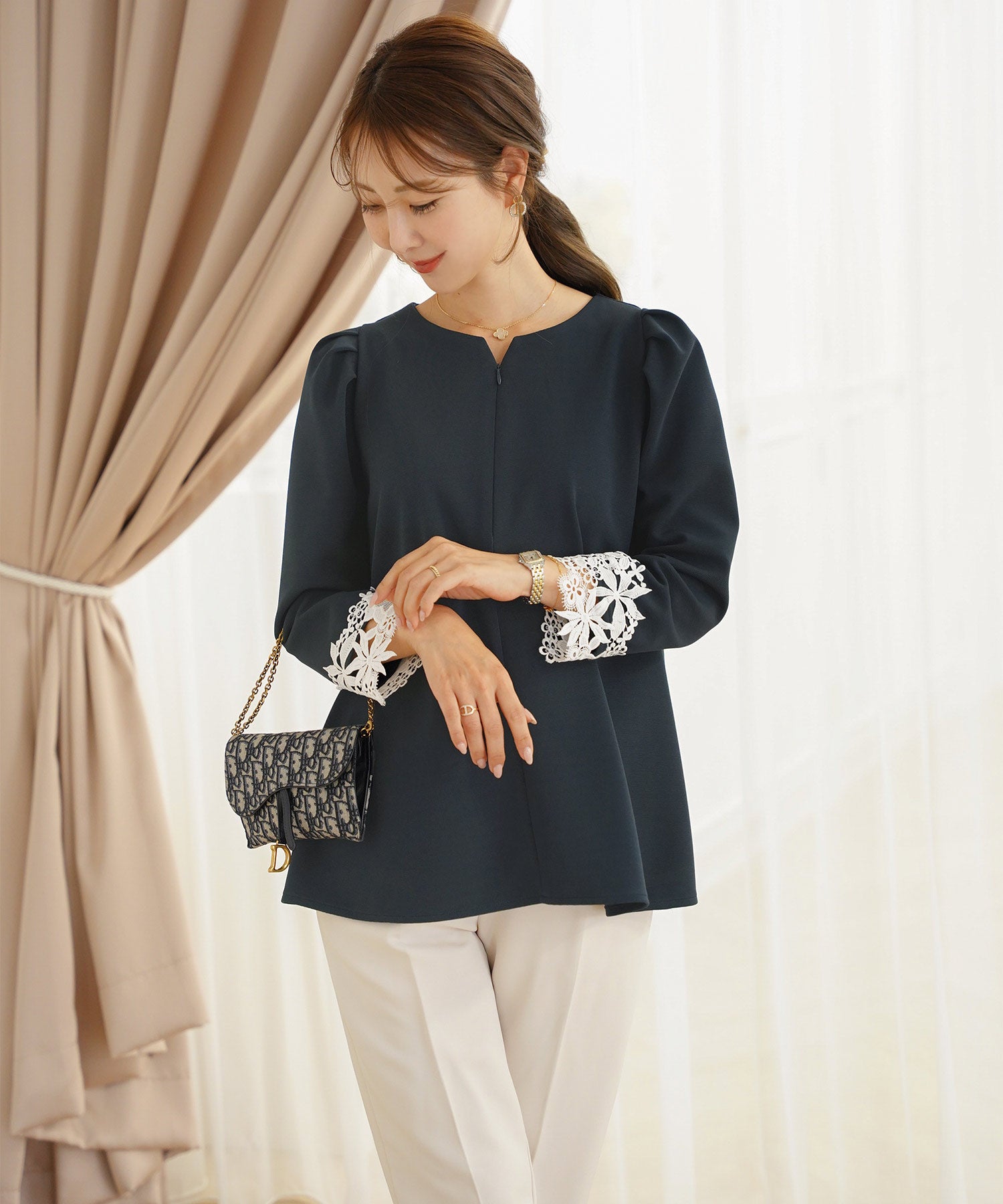 袖レース フロントファスナー フレア カットソー