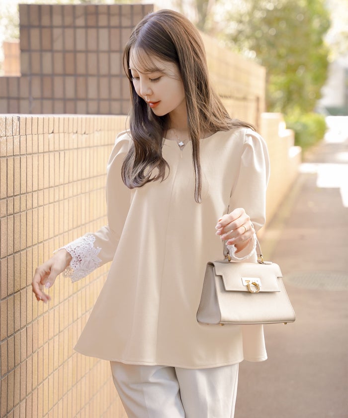 レディース/トップス/カットソー/シンプル/無地/カジュアル/伸縮/リブ/春/夏/秋/インナー/オフィスカジュアル/通勤/カジュアル/エレガント/フェミニン/パワショル/長袖/8分袖/レース/綺麗め/オケージョン/授業参観/袖レース/フロントファスナー/前あき/授乳/ママ/フレア