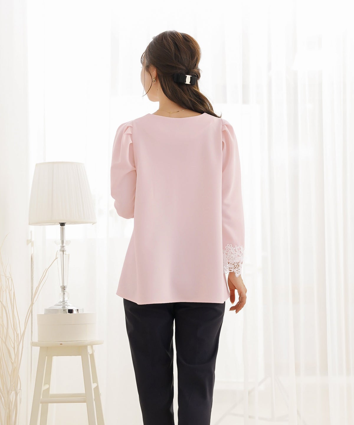 レディース/トップス/カットソー/シンプル/無地/カジュアル/伸縮/リブ/春/夏/秋/インナー/オフィスカジュアル/通勤/カジュアル/エレガント/フェミニン/パワショル/長袖/8分袖/レース/綺麗め/オケージョン/授業参観/袖レース/フロントファスナー/前あき/授乳/ママ/フレア